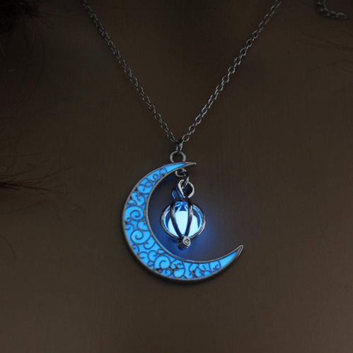 Rckcu Glow in The Dark Silver Crescent Moon and Orb Necklace - Glowing Blue Moon Charm - Magical Fantasy Fairy Glowing Necklace - Glow Jewelry (sky blue)