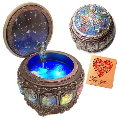 Briskfeel Vintage Music Box with Constellations Rotating Goddess LED Lights Twinkling Resin Carved Mechanism Musical Box with Sankyo 18-Note Wind Up Signs of The Zodiac Gift for Birthday (Upgraded) - 