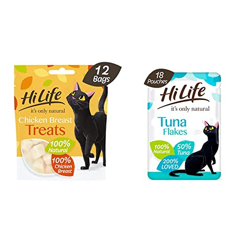 HILIFE,Chicken Treats it's only natural Cat Treats - 100% Chicken Breast, 12 Bags x 10g & Complete Wet Cat Food - Tuna Flakes - 100% Natural Ingredients Grain Free, 18 Pouches x 70g - Chicken Breast + Tuna Flakes - 10 g (Pack of 12)