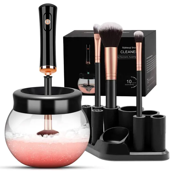 DOTSOG Makeup Brush Cleaner Dryer ,Electric Makeup Brush Cleaner Machine with 8 Rubber Collars,Deep Cosmetic Automatic Brush Spinner for all brushes,Wash and Dry in Seconds(Black) - Black