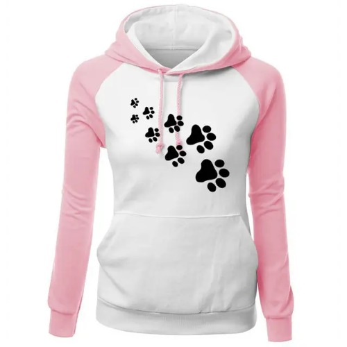 Cozy Paw Print Hoodie in Multiple Colors and Plus Sizes - pink white / M