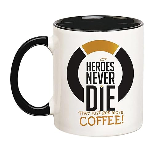 Fonhark - Heroes Never Die They Just Get More Coffee, Game Mug, Overwatch, 11 Oz Novelty Coffee Mug/Cup