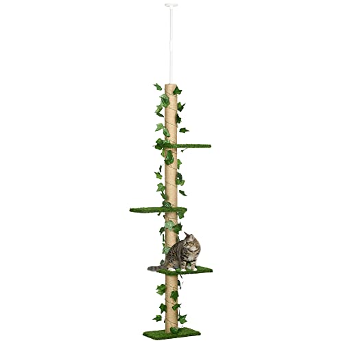 PawHut 242cm Floor to Ceiling Cat Tree for Indoor Cats with Leaves, Height Adjustable Cat Climbing Tower with Scratching Post, Anti-Slip Kit - Green - Green
