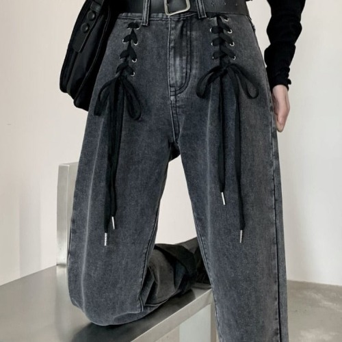 Black Lace-Up Denim Pants - Black gray / L