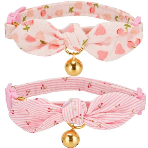 YUDOTE Soft Cotton Cat with Removeable Hand-tied Bowtie,Pack of 2 Kitten Collars with Quick Release Buckle and Bell for Female Cats Dressing up, Pink Cherry - 19-28cm (Pakc of 2) - Pink Cherries