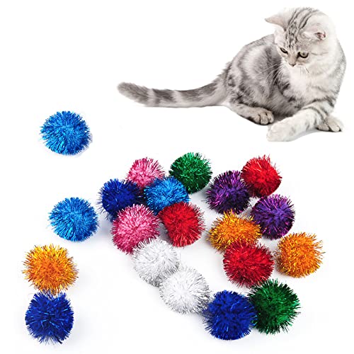 CONGGUAN 20Pcs Cat Toy Soft Balls Cat Sparkle Balls Cat Fuzzy Balls Tinsel Balls for Cats Tinsel Pompoms Balls Cat's Favorite Toys for Cats Kitten Indoor