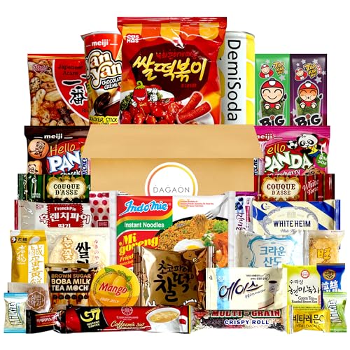 Dagaon Asian Snack Box 34 Count – Assortment of Snacks Including Ramen, Chips, Biscuits, Cookies, Pies, Candies and Much More from Korea, Japan, China, Indonesia, Taiwan, Vietnam, Etc.