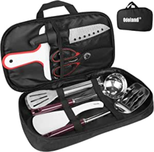 Odoland 8 Pcs Camping Cookware Utensils Travel Set, Camp Kitchen Utensil Organizer with Tongs, Scissors, Cutting Board, Rice Paddle and Water Resistant Case for Backpacking, Outdoor Camping