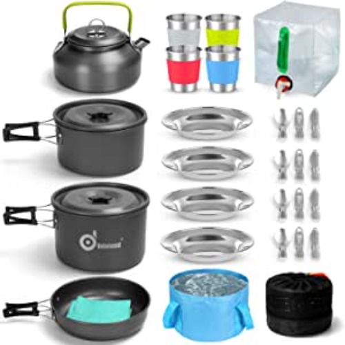 Odoland 29pcs Camping Cookware Mess Kit, Non-Stick Lightweight Pots Pan Kettle, Collapsible Water Container and Bucket, Stainless Steel Cups Plates Forks Knives Spoons for Outdoor Backpacking Picnic