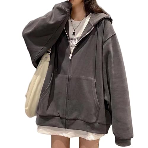 SYYRXB Women's Korean zipper Hoodie Y2k jacket Harajuku oversize solid hooded sweater autumn and winter - Medium - Darkgrey