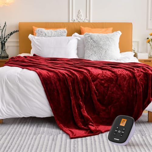 WOOMER [5 Year Warranty Heated Blanket Twin Size Electric Blanket 62"x 84", Soft Flannel Fast Heating Blanket, 10 Heating Levels & 0.5-12H Auto Off, Over-Heat Protection, ETL Certification - Red - Twin Size 62" × 84"