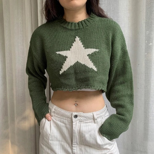 Green Fairycore Star Knitted Crop Top - Green / M