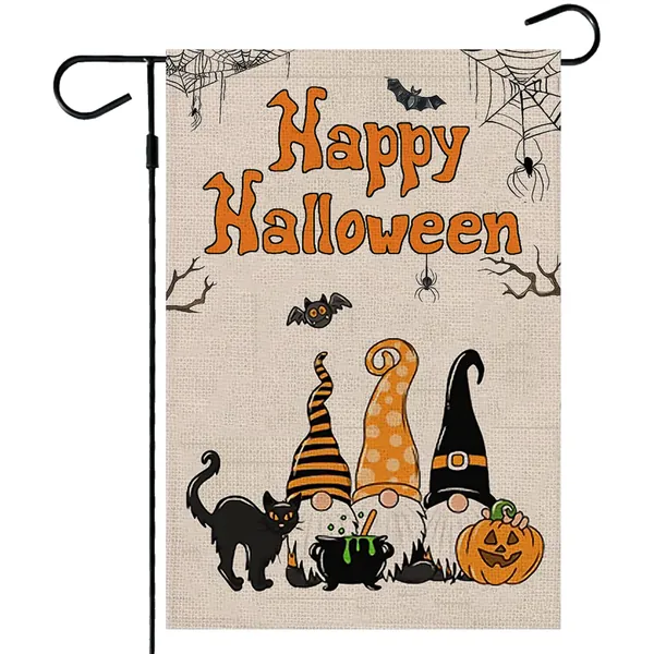 Clendo Halloween Garden Flag, 12.5×18 Inch Double-Sided Burlap Yard Flag, Welcome Gnome Pumpkin Cat and Bats House Yard Outdoor Decorations for Halloween - 