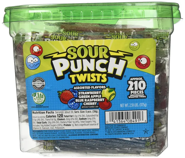 Sour Punch Sour Punch Twists, 3" Individually Wrapped Chewy Candy, 4 Fruity Flavors, 2.59 LB Jar, 210 Count - 