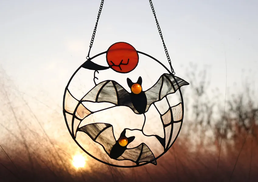 BOXCASA Halloween Bats Stained Glass Window Hangings,Bat Suncatcher,Halloween Decoration for Home,8×8 Inch - Bat B