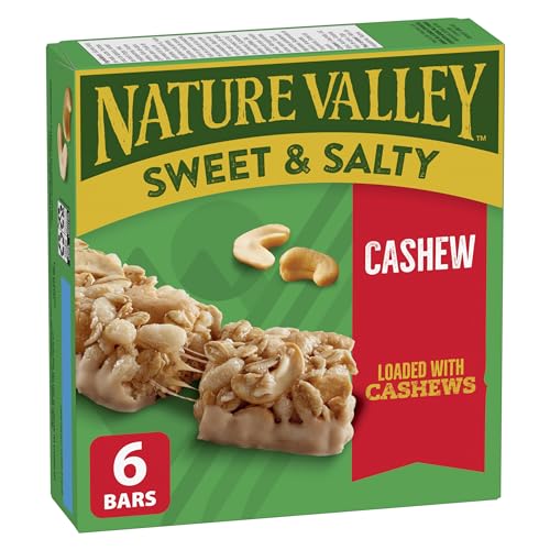 NATURE VALLEY Cashew Sweet and Salty Granola Bars, No Artificial Flavours, No Artificial Colours, Made with Whole Grains, Pack of 6 Granola Bars, Dipped in Cashew Butter Coating, Loaded with Cashews