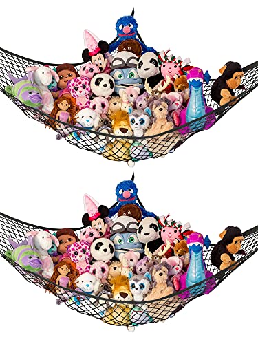 Lilly's Love Stuffed Animal Net Hammock for Plushie Toys - Large 2 Pack | Corner Hanging Storage for Organizing Teddy and Stuffy Collection | Easy to Hang w/Included Anchors & Hooks (Midnight Black) - Midnight Black - Large