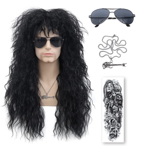MUPUL Men's 80's Style Glam Rock-Rocker Long 26inch Black water wave Hair Wig Perfect for Halloween Cosplay Costume Party Wigs Rock Curly Wig Sunglasses Necklace Tattoo Patch Set