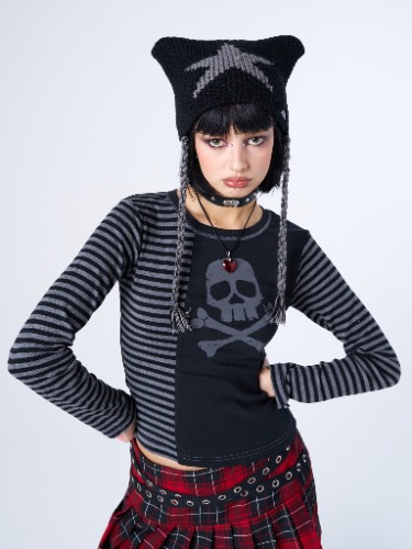 Avril Grey Skull Striped Top | XS / Grey