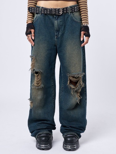 RIP' Washed Blue Loose Baggy Jeans | 24" / Blue