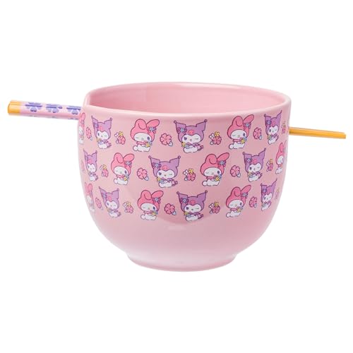 Silver Buffalo Sanrio Hello Kitty and Friends My Melody and Kuromi Pastel Flowers Ceramic Ramen Noodle Rice Bowl with Chopsticks, Microwave Safe, 20 Ounces - My Melody and Kuromi Flowers