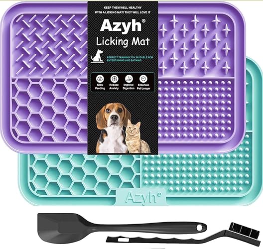 Azyh Licking Mat for Dogs & Cats 2 Pack, Slow Feeder Lick Pat for Large Dogs and Puppies, Anxiety Relief Dog Toys Feeding Mat for Butter Yogurt Peanut, Pets Bathing Grooming Training Mat (9.9'' × 6'') - Cyan&Purple