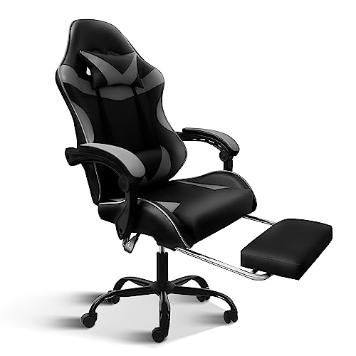 YSSOA Gaming Chair with Footrest, Big and Tall Gamer Chair, Racing Style Adjustable Swivel Office Chair, Ergonomic Video Game Chairs with Headrest and Lumbar Support - Black/Grey With Footrest