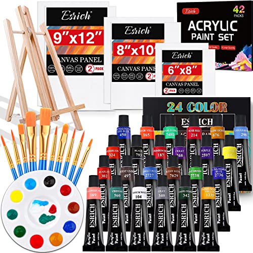 ESRICH Acrylic Paint Canvas Set,42 Piece Professional Premium Paint Kit with 1 Wood Easel,24Colors,10 Brushes,6 Canvases, Painting Supplies Kit for Kids,Students, Artists and Beginner - 42pcs painting kit