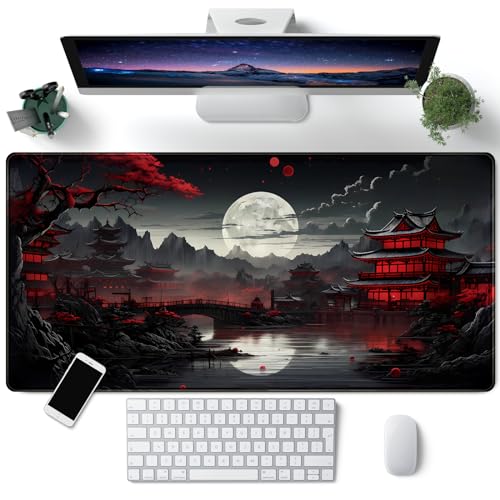 Japanese Desk Mat Riverside Full Moon Desk Pad Black Red Large Mouse Pad Gaming Mousepad Extended XXL Keyboard Pad 31.5 x 15.7 in Laptop Computer Mouse Keyboard Mat for Office Desk Decor - A Full Moon