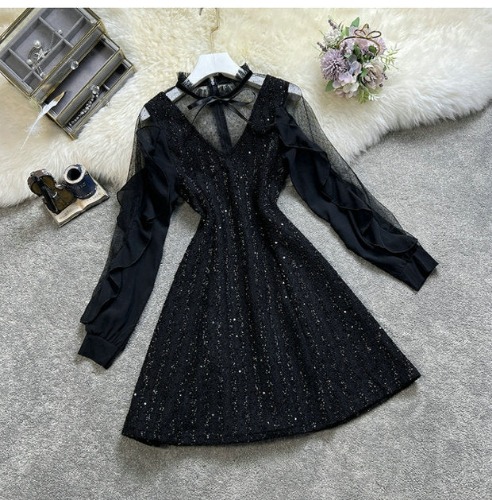 Whirlwind' Noir Gothic Mesh Collar Bow Dress - Black / M