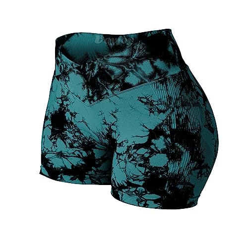 VOYJOY Women Workout Shorts 3.6" Scrunch Butt Lifting Gym Shorts Seamless Yoga Biker Shorts - X-Large - #2 a Blue Green（v Cross Waist Tie Dye Scrunch)