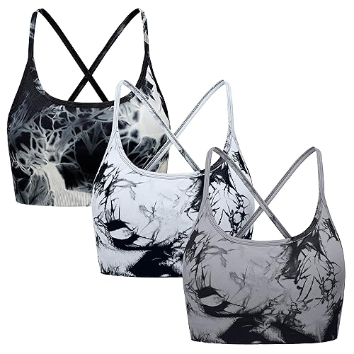 OVESPORT 3 Piece Women's Workout Sports Bras Seamless Padded Tie-dye Strappy Backless Gym Yoga Crop Tops - Medium - White/Black/Gray