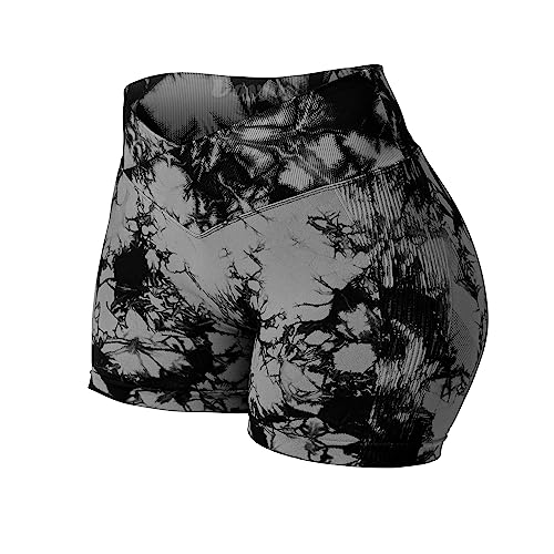VOYJOY Women Workout Shorts 3.6" Scrunch Butt Lifting Gym Shorts Seamless Yoga Biker Shorts - X-Large - #2 a Black Gray（v Cross Waist Tie Dye Scrunch)