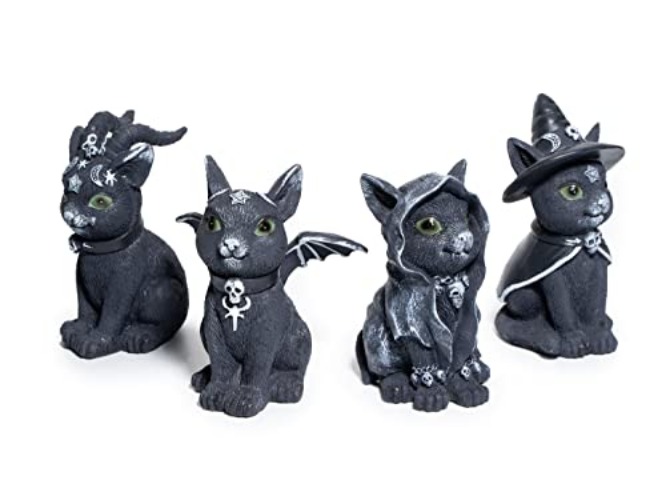Cats Garden Gnome Witch Adorable Decorations - Set of 4 - Statues, Fairy Garden, Cat Lover Gift Idea, Waterproof Figurines Indoor & Outdoor Lawn Ornament Funny Decoration - Cute Gothic Decor