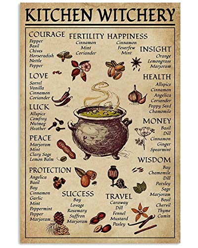 Spice and Cooking Herbs Witchcraft Witch Fun World Education Science Classroom Infographic Tin Sign Great Retro Gifts and Decorative Door Wall School Farm Hospital Metal Sign 8x12