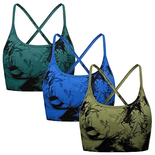 OVESPORT 3 Piece Women's Workout Sports Bras Seamless Padded Tie-dye Strappy Backless Gym Yoga Crop Tops - Medium - Green/Cyan/Royal Blue