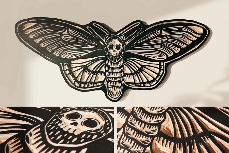 CARVED woodcut Death Head Moth wall hanging.