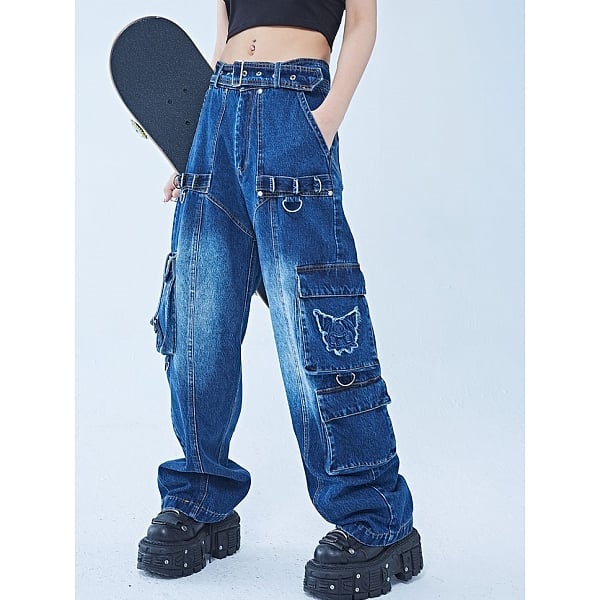 [$84.75]Blue Sanrio Authorized Kuromi Applique Stud Design Denim Cargo Pants