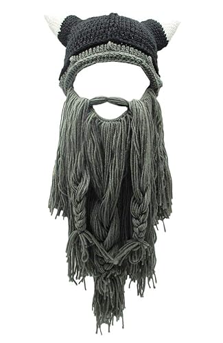 Xinqiao Men’s Viking w/Fake Beard Beanie Handmade Knit Funny Hats Pillager Horned Caps - One Size - Gray Beard