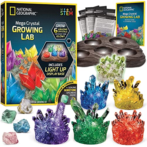 NATIONAL GEOGRAPHIC Mega Crystal Growing Kit for Kids- Grow 6 Crystals with Light-Up Stand and Gemstones, Science Gifts for Kids 8-12, Crystal Making Experiment, DIY Science Kit for Girls and Boys