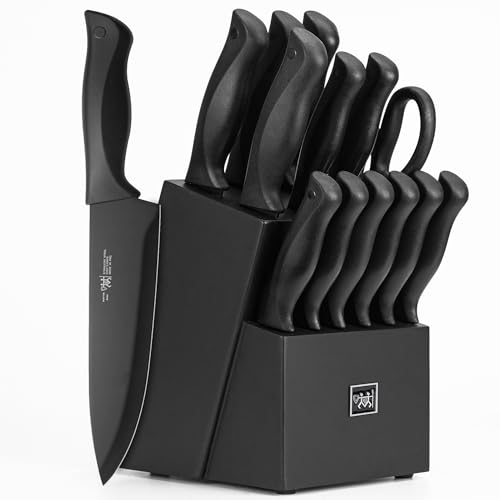 Knife Sets for Kitchen with Block, HUNTER.DUAL 15 Pcs Kitchen Knife Set with Block Self Sharpening, Dishwasher Safe, Anti-slip Handle, Black - Black
