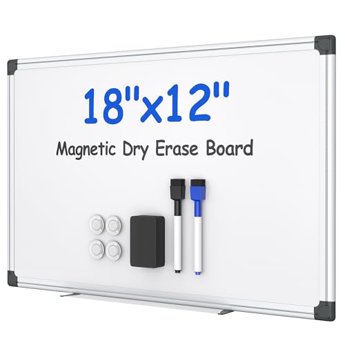VUSIGN Magnetic White Board Kit for Wall 18" x 12", 1 Dry Eraser & 2 Multicolor Markers & 4 Magnetic Pins, Sliver Reinforced Aluminum Frame for Home, School, Office - 18" x 12"