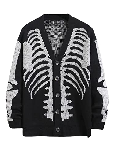 SHENHE Men's Skeleton Print Long Sleeve Cardigan Sweaters V Neck Button Down Outwear Coats - Medium - Black