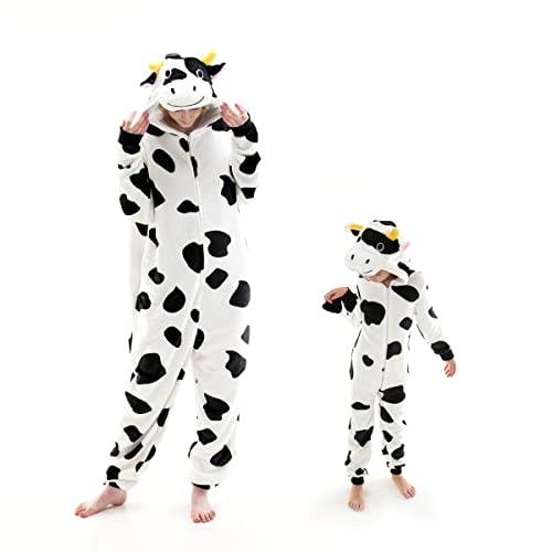 COSUSKET Fit Unisex Adult Cow Onesie Pajamas, Halloween Womens Cosplay Animal One Piece Costume - White/Black - Medium