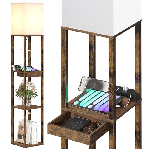 SUNMORY Floor Lamp with Shelves, Modern Dimmable Standing Lamp with Drawer & 2 USB Ports & 2 Power Outlet, Corner Tall Shelf Lamp for Living Room and Bedroom (Rustic Browm) - Rustic Browm