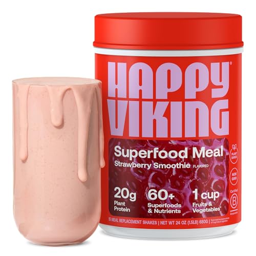 Happy Viking Strawberry | 20g Plant Protein, Superfoods, Fiber, Pre/Probiotics | Created by Venus Williams | Gut-Friendly Protein Smoothie | Plant-Based, Vegan, Non-GMO | 1 Canister (24 oz.) - Strawberry Smoothie - 1.5 Pound (Pack of 1)