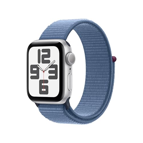 Apple Watch SE (2nd Gen) [GPS 40mm] Smartwatch with Silver Aluminum Case with Winter Blue Sport Loop. Fitness & Sleep Tracker, Crash Detection, Heart Rate Monitor, Carbon Neutral - Silver Aluminum Case with Blue Sport Loop - 40mm Case - One Size - fits 130–200mm wrists - Without AppleCare+
