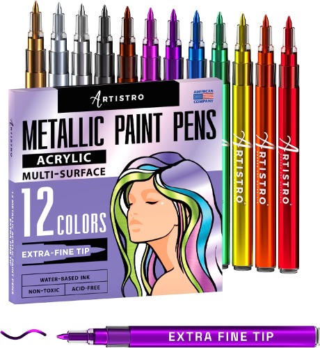 Metallic Paint Pens for Rock Painting, Stone, Ceramic, Glass, Wood, Fabric, Pebbles, Scrapbook Journals, Photo Albums, Card Stocks. Set of 12 Acrylic Paint Markers Extra-Fine Tip 0.7mm - Fine