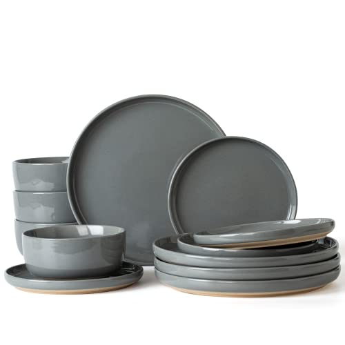 Famiware Milkyway Plates and Bowls Set, 12 Pieces Dinnerware Sets, Dishes Set for 4, Dark Gray - Milkyway Series - Dark Gray