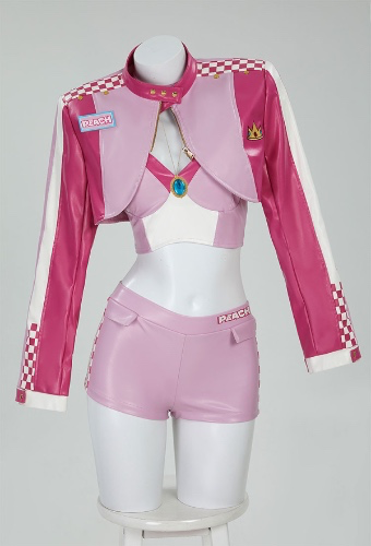 Peach Pink Racing Suit Short Top and Jacket with Shorts Necklace Casual Outfit
